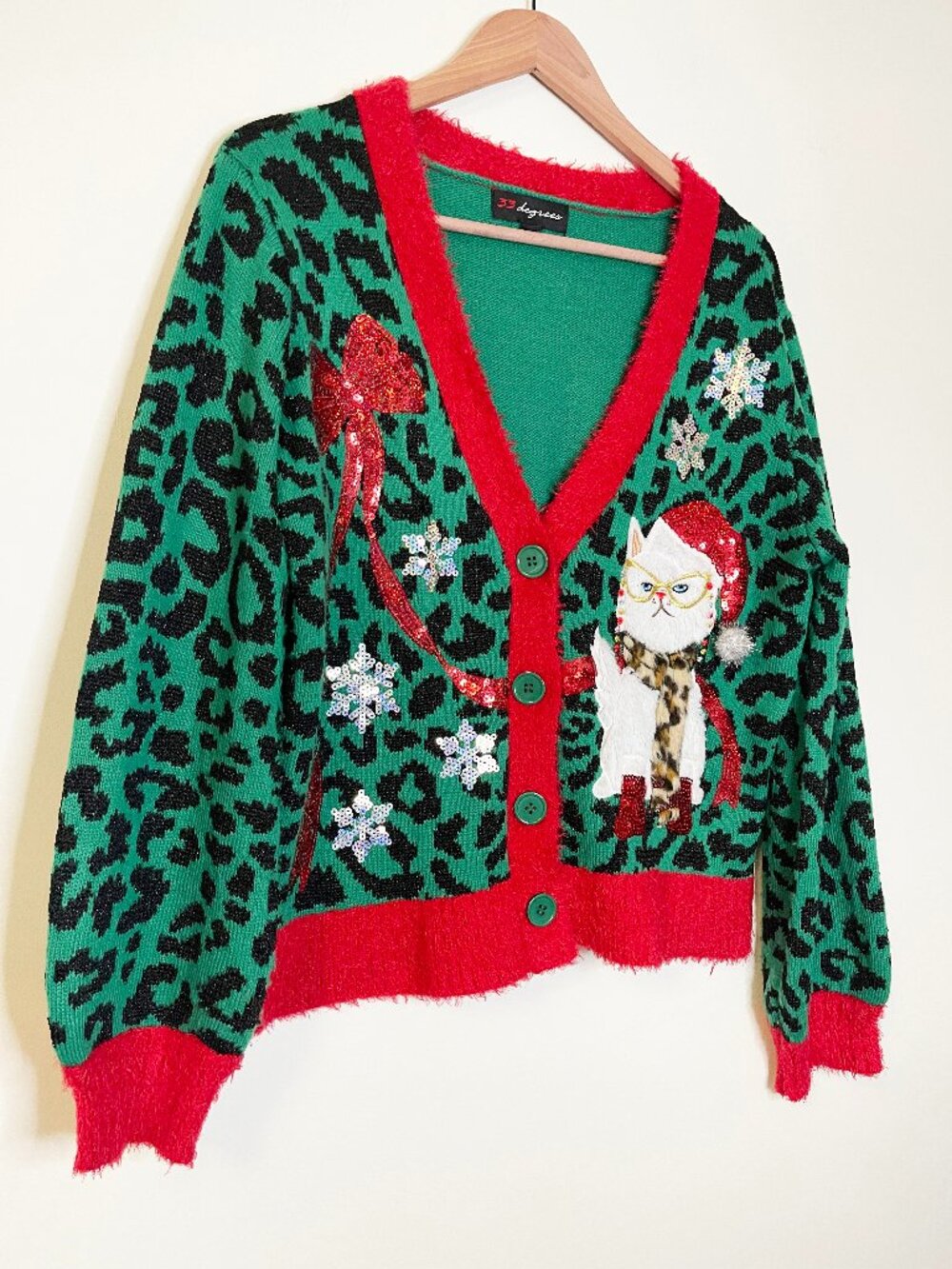 33 Degrees Christmas Cat Cardigan M Green Leopard Sequin Ugly Sweater Maximalist